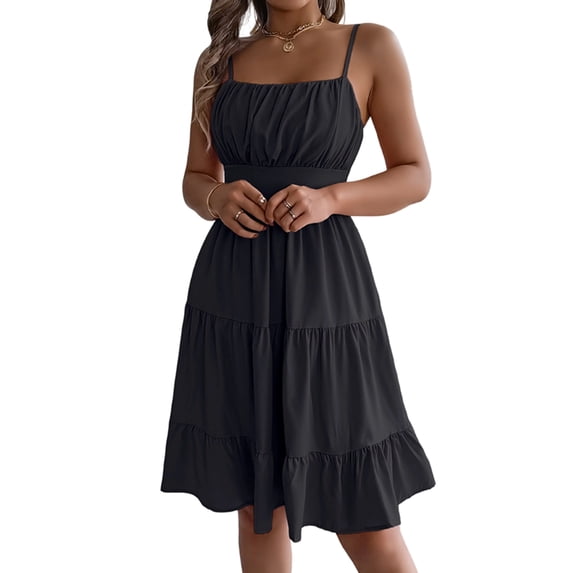 Jaimenalin Women Ruffled Tiered Adjustable Spaghetti Strap Midi Dress Black XL
