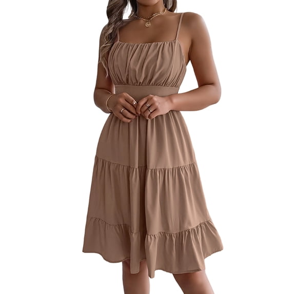 Jaimenalin Women Ruffled Tiered Adjustable Spaghetti Strap Midi Dress Khaki L