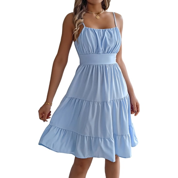 Jaimenalin Women Ruffled Tiered Adjustable Spaghetti Strap Midi Dress Light Blue L