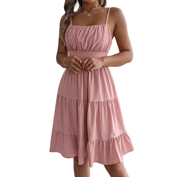 Jaimenalin Women Ruffled Tiered Adjustable Spaghetti Strap Midi Dress Pink S