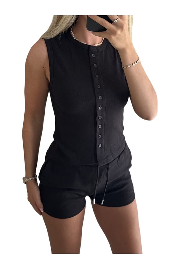 Women'S 2 Piece Outfits Button Down Sleeveless Top Bodycon Short Sets