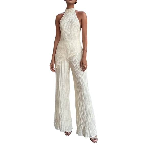 Jaimenalin Women'S 2 Piece Outfits Sleeveless Halter Top and Wide Leg Pants Set Khaki L