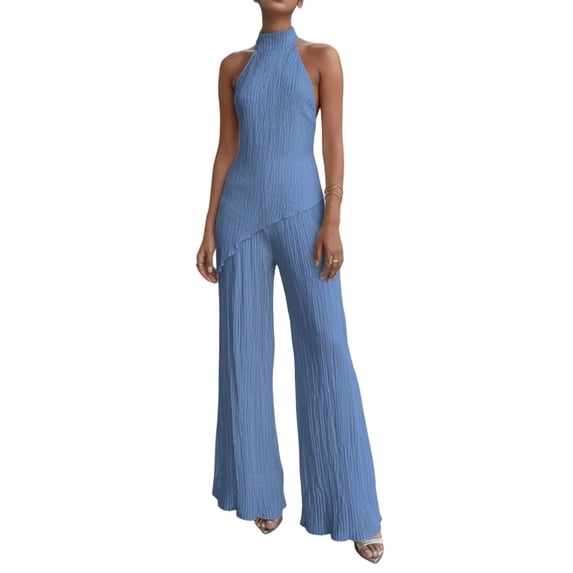 Jaimenalin Women'S 2 Piece Outfits Sleeveless Halter Top and Wide Leg Pants Set Royal Blue M