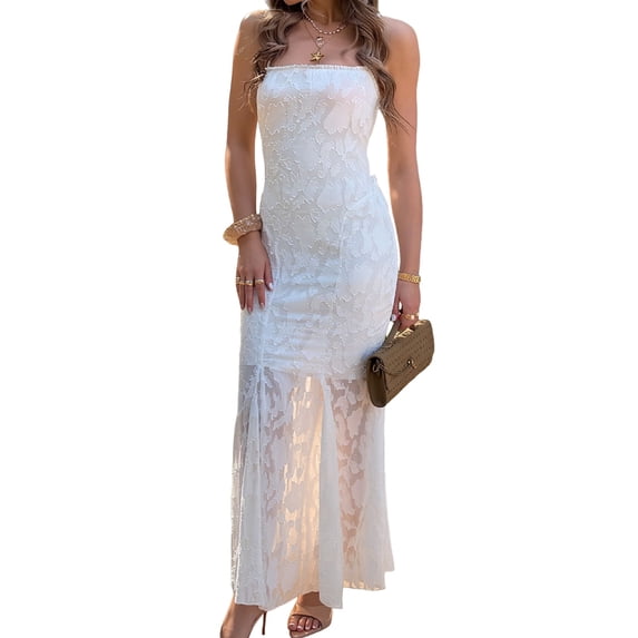 Jaimenalin Women'S Bodycon Lace Maxi Dress Elegant Formal Spaghetti Strap Cowl Neck Evening Party Dresses White S