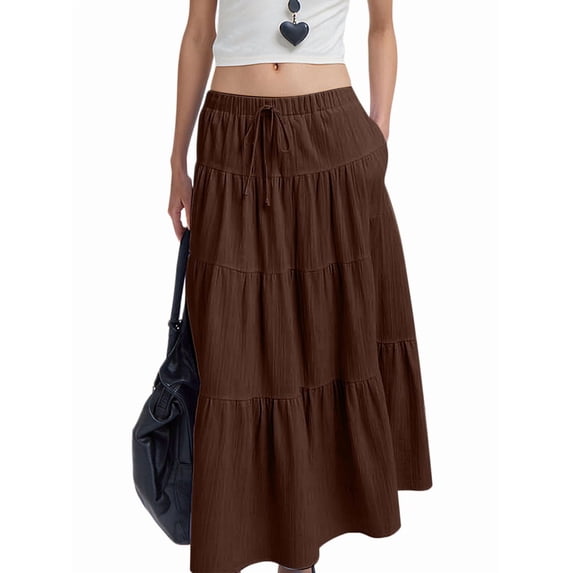 Jaimenalin Women'S Boho Flowy Maxi Skirt Flared Ruffle Elastic Waist Summer A Line Spring Long Skirts Brown M