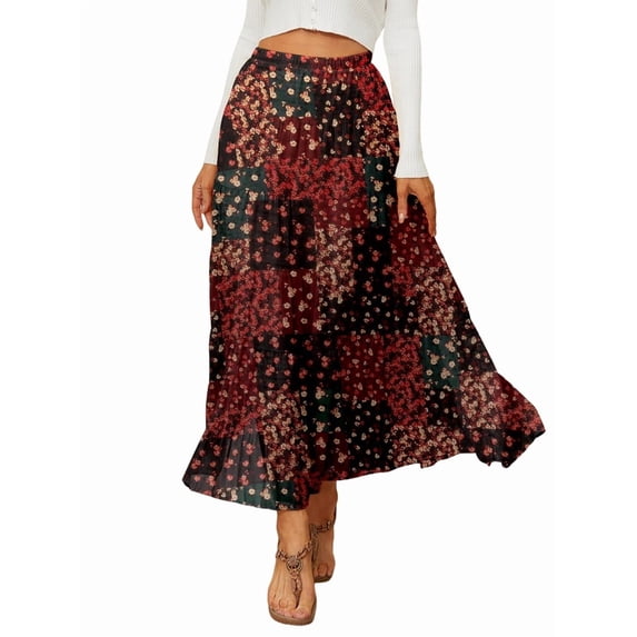 Jaimenalin Women'S Chiffon Elastic High Waist Pleated A-Line Flared Maxi Skirts Flower-215 XL