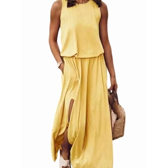 Jaimenalin Women'S Crew Neck Sleeveless Elastic Waist Slit Maxi Dress Yellow M