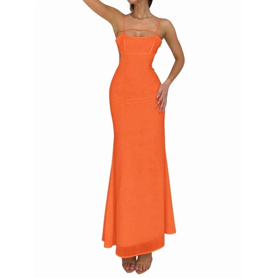 Jaimenalin Women'S Cutout Backless Maxi Dress Sleeveless Tight Slip Spaghetti Strap Long Dresses Orange XS