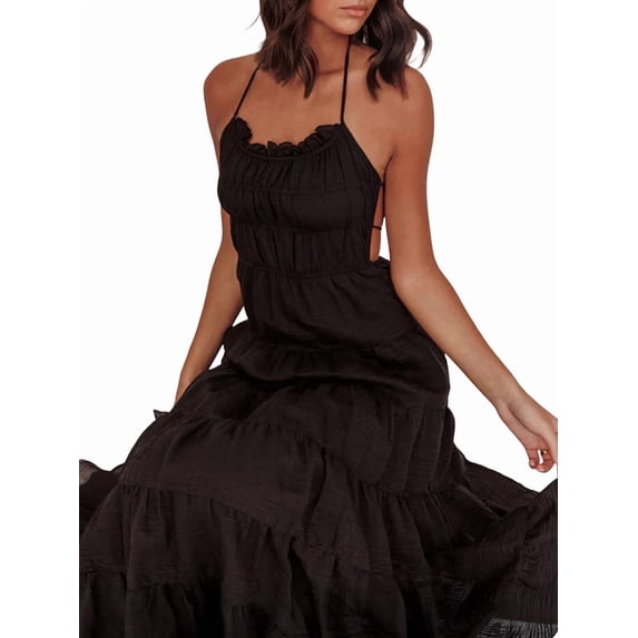 Jaimenalin Women'S Halter Tie Back Sleeveless Tiered Smocked Maxi Dress Black L