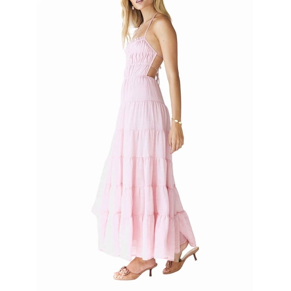 Jaimenalin Women'S Halter Tie Back Sleeveless Tiered Smocked Maxi Dress Pink S