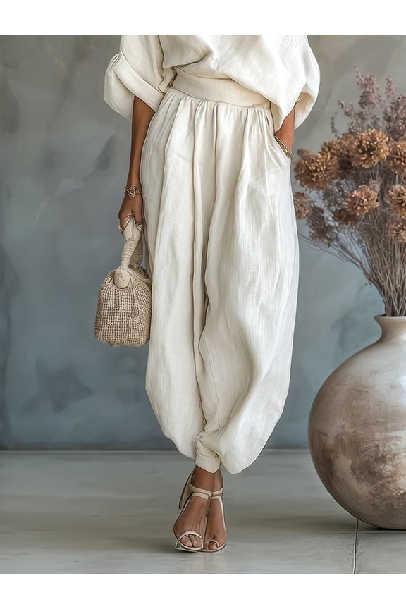 Women'S Linen Jumpsuit for Summer: Casual, Long Sleeve, Baggy Harem Overalls with V-Neck White M