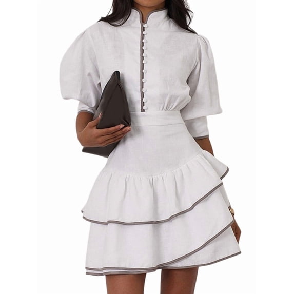 Jaimenalin Women'S Mock Neck Dress Short Sleeve Ruffle Hem Loose Swing Tunic Mini Dress White S