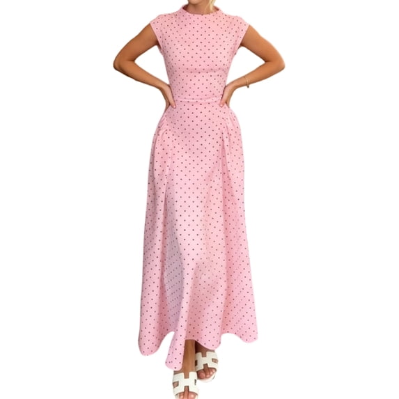 Jaimenalin Women'S Polka Dots Maxi Tank Dress Vintage Mock Neck Sleeveless Elegant Long Dresses Pink XS