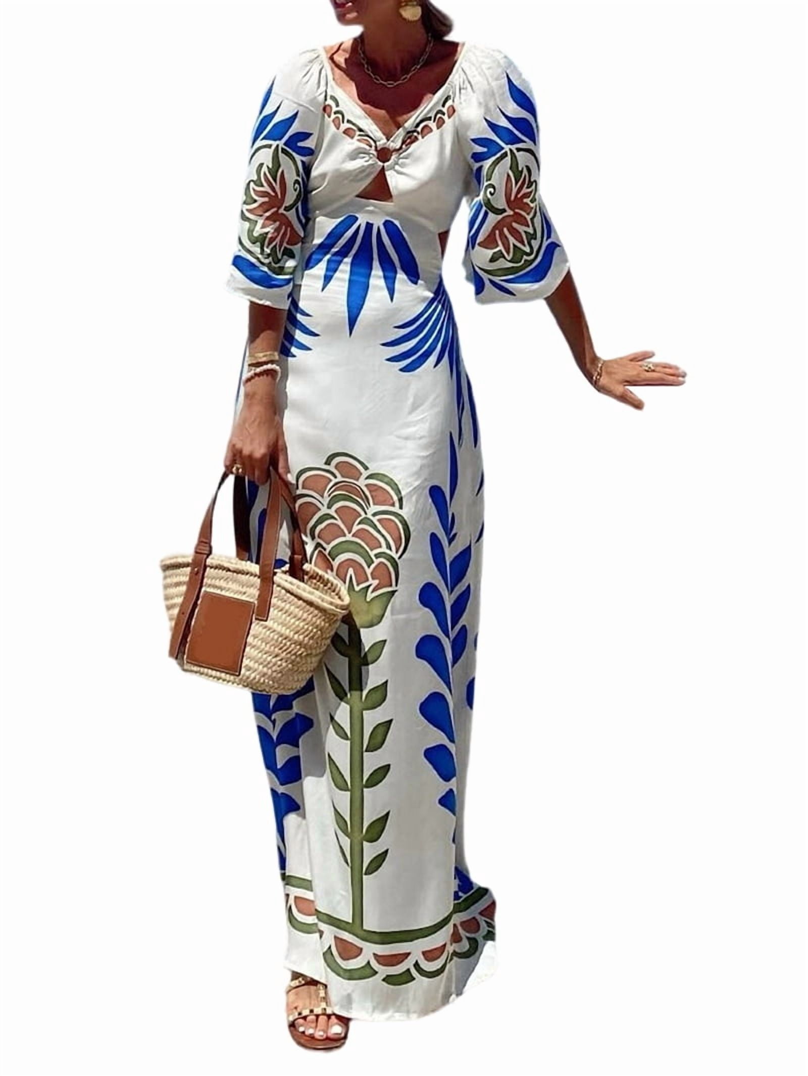 Jaimenalin Women'S Square Neck Puff Sleeve Cutout Tie Back Printed Maxi