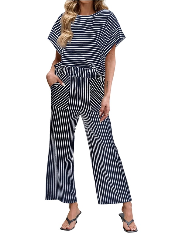 Women'S Striped 2 Piece Sets Short Sleeve T Shirts Wide Leg Pants Matching Lounge Set with Pockets Navy Blue M