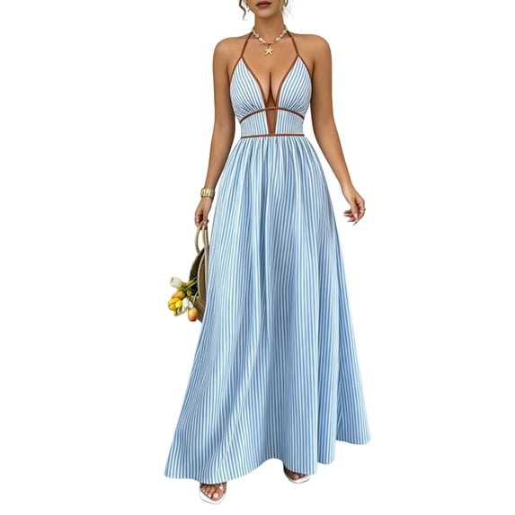 Jaimenalin Women'S Striped Halter Maxi Dress Backless Smocked Beach Vacation Boho Dress Light Blue L