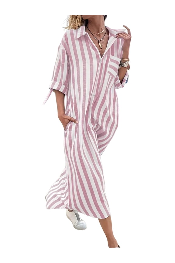 Women'S Summer 3/4 Sleeve Striped Shirt Dress Business Casual Half Zipper Maxi Long Beach Dress Red S