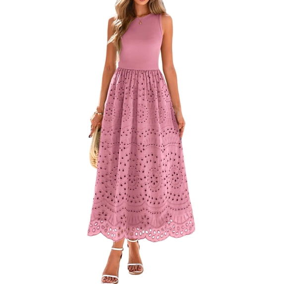 Jaimenalin Women'S Summer Dresses Sleeveless Crewneck A-Line Boho Lace Eyelet Tank Maxi Dress with Pockets Blush Color M