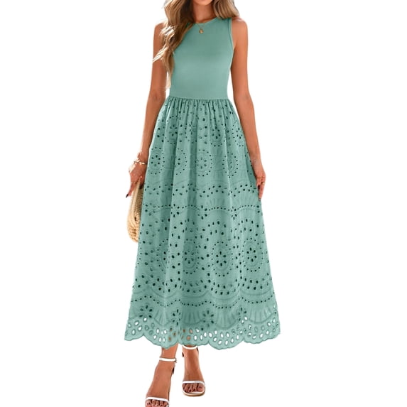 Jaimenalin Women'S Summer Dresses Sleeveless Crewneck A-Line Boho Lace Eyelet Tank Maxi Dress with Pockets Green L