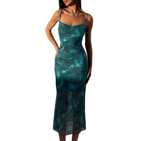 Jaimenalin Women'S Summer Floral Spaghetti Strap Midi Dress Stretch Bodycon Dress Backless Slip Long Dresses Green S