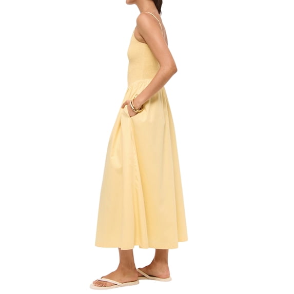 Jaimenalin Women'S Summer Midi Dresses Plaid Sleeveless Spaghetti Strap Smocked Tiered Beach Sundress Pockets Yellow L