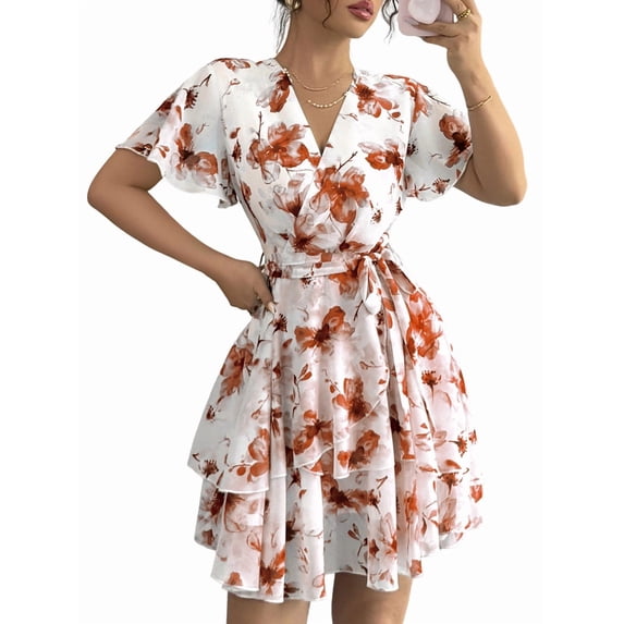 Jaimenalin Women'S Summer Short Sleeve Casual Dresses V-Neck Floral Party Dress Red L