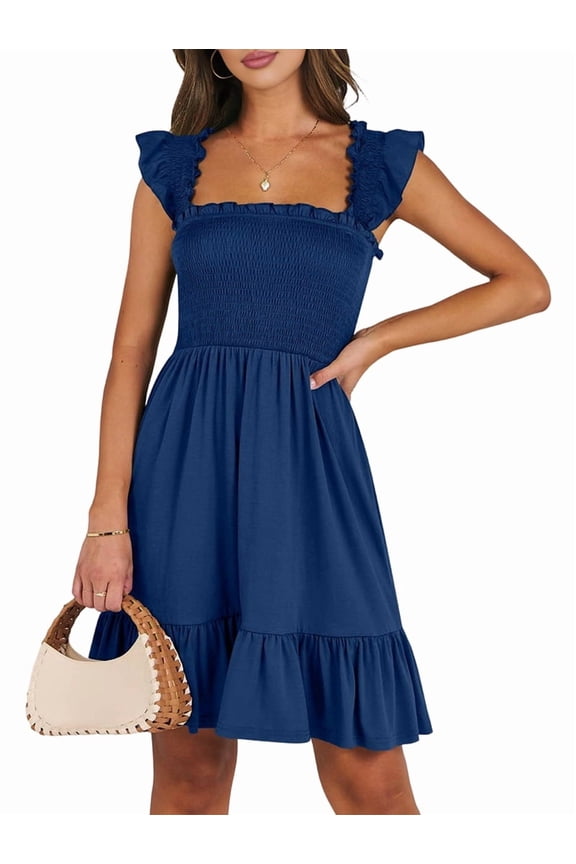 Women'S Summer Sleeveless Square Neck Dress Smocked Ruffle Backless Boho Beach Short Sundress Navy Blue L