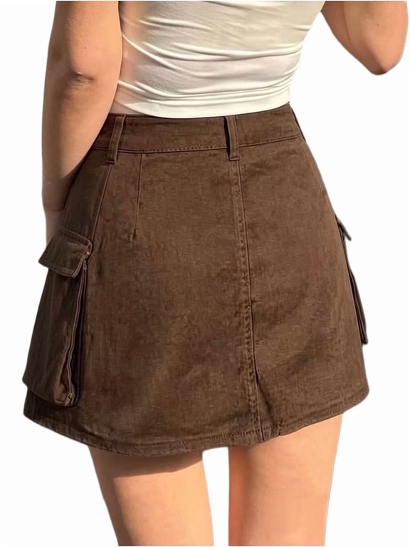 Women'S Y2K Denim Cargo Skort - High Waisted Mini Skirt Shorts with Multifunctional Pockets Dark Brown L