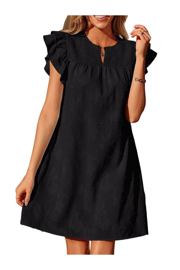 Women Summer Dresses Ruffle Short Sleeve Casual V Neck Smocked Floral Burnout Mini Dress Sundress Black L