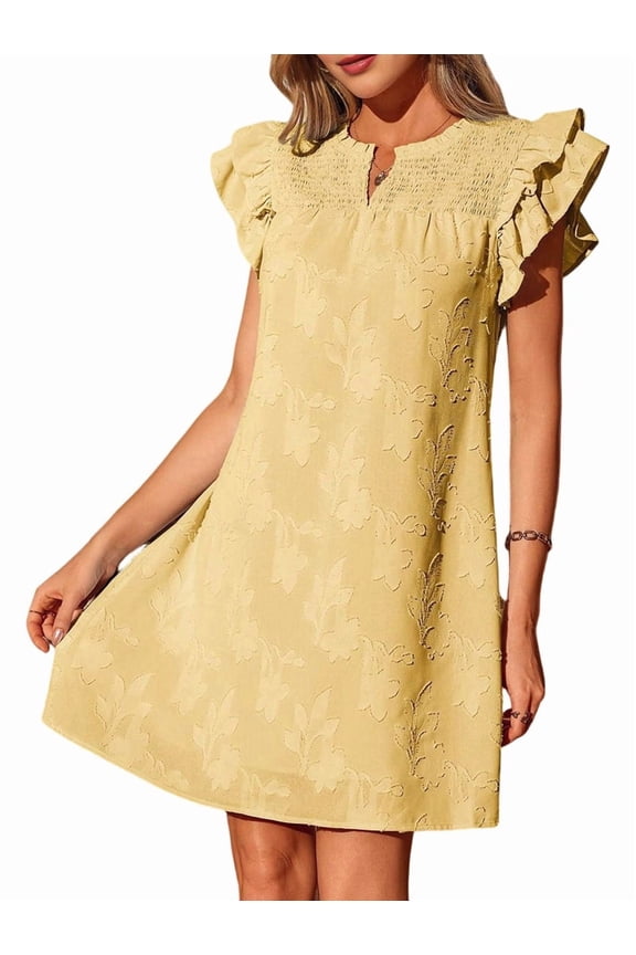 Women Summer Dresses Ruffle Short Sleeve Casual V Neck Smocked Floral Burnout Mini Dress Sundress Yellow S