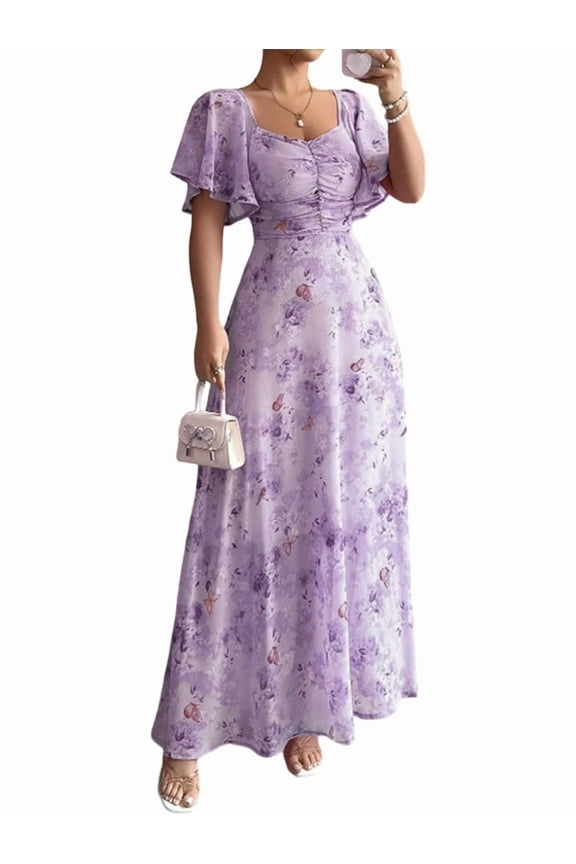 Women Summer Floral Maxi Dress Short Sleeve V Neck A-Line Flowy Dresses Beach Wedding Guest Dress Light M