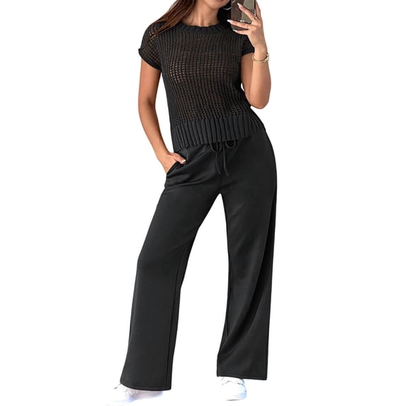 Jaimenalin Women Two Piece Outfits Crochet Sheer Knit Sweater Top Wide Leg Pants Lounge Matching Sets Black XL