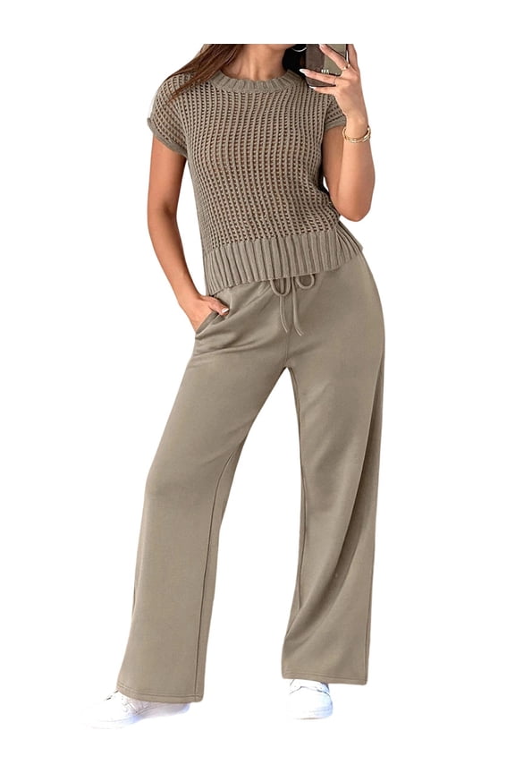 Women Two Piece Outfits Crochet Sheer Knit Sweater Top Wide Leg Pants Lounge Matching Sets Khaki L