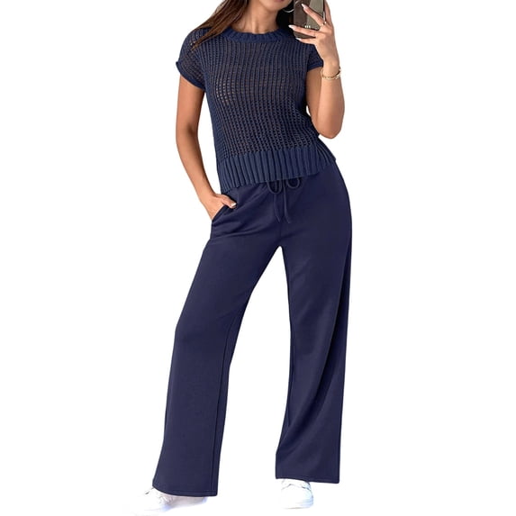 Jaimenalin Women Two Piece Outfits Crochet Sheer Knit Sweater Top Wide Leg Pants Lounge Matching Sets Navy Blue S
