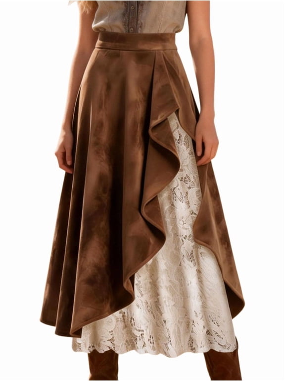 Women Vintage Western Suede Lace Patchwork High Waist A Line Maxi Skirt with Zipper Dark Brown XL