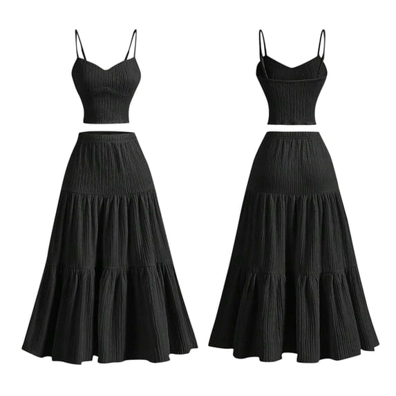 Jaimenalin Womens 2 Piece Maxi Skirt Sets Crop Top Ruffle Hem Flowy Midi Skirt Vacation Going Out Outfits Black S