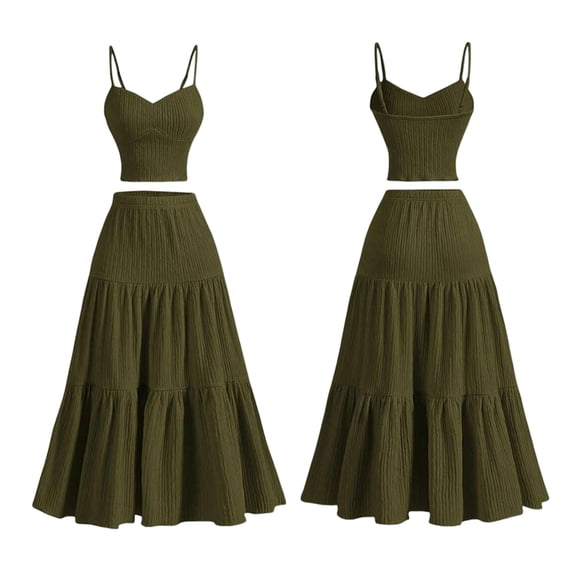 Jaimenalin Womens 2 Piece Maxi Skirt Sets Crop Top Ruffle Hem Flowy Midi Skirt Vacation Going Out Outfits Green XXL