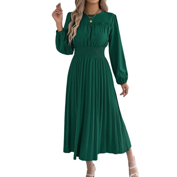 Jaimenalin Womens Elegant Ruffled Long Sleeve Shirred Waist Pleated Maxi Dress for Women Flowy Bohemian Gown Green M