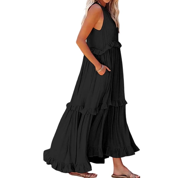 Jaimenalin Womens Resort Style Ruffled Long Dress Round Neck Sleeveless Flowy Beach Dress with Pockets Black Calabash S