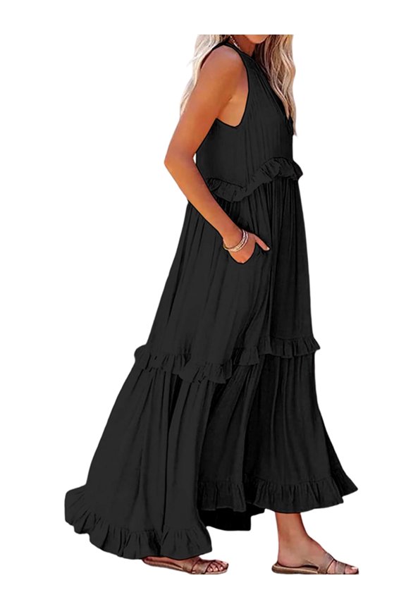 Womens Resort Style Ruffled Long Dress Round Neck Sleeveless Flowy Beach Dress with Pockets Black Calabash S