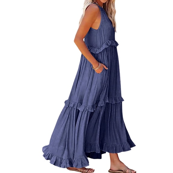 Jaimenalin Womens Resort Style Ruffled Long Dress Round Neck Sleeveless Flowy Beach Dress with Pockets Dark Blue Garib. S