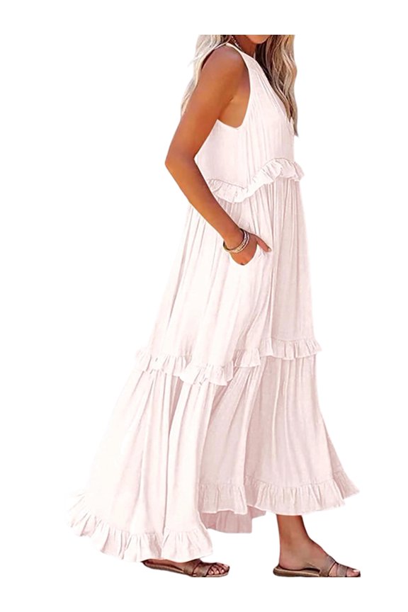 Womens Resort Style Ruffled Long Dress Round Neck Sleeveless Flowy Beach Dress with Pockets Galib. M