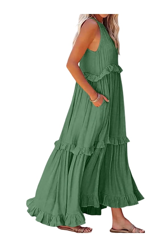Womens Resort Style Ruffled Long Dress Round Neck Sleeveless Flowy Beach Dress with Pockets Green Calabash XXL