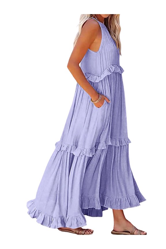 Womens Resort Style Ruffled Long Dress Round Neck Sleeveless Flowy Beach Dress with Pockets Light Garib. M
