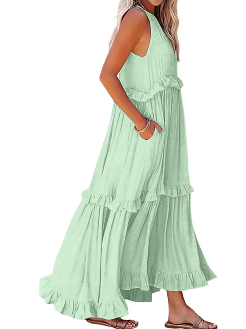 mint green beach dress Jaimenalin Womens Resort Style Ruffled Long Round Neck Sleeveless Flowy Dress with Pockets Calico M Beden32:42 sleeveless cut Watch Ryan Gosling And BIN-122219-SC1