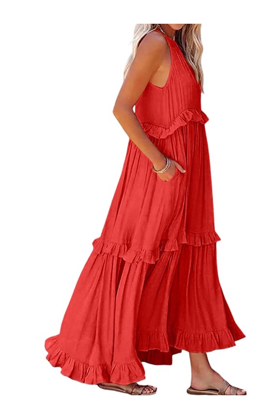 Womens Resort Style Ruffled Long Dress Round Neck Sleeveless Flowy Beach Dress with Pockets Orange Garibou L