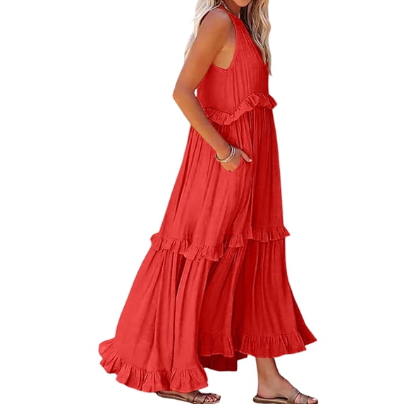 Jaimenalin Womens Resort Style Ruffled Long Dress Round Neck Sleeveless Flowy Beach Dress with Pockets Orange Garibou XL