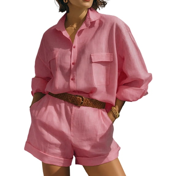 Jaimenalin Womens Solid Color 2 Piece Outfits Long Sleeve Lapel Button Loose Fit Top Mini Shorts Summer Set Pink L