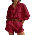 thumbnail image 1 of Jaimenalin Womens Solid Color 2 Piece Outfits Long Sleeve Lapel Button Loose Fit Top Mini Shorts Summer Set Red XL, 1 of 5