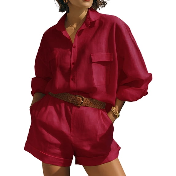 Jaimenalin Womens Solid Color 2 Piece Outfits Long Sleeve Lapel Button Loose Fit Top Mini Shorts Summer Set Red XL